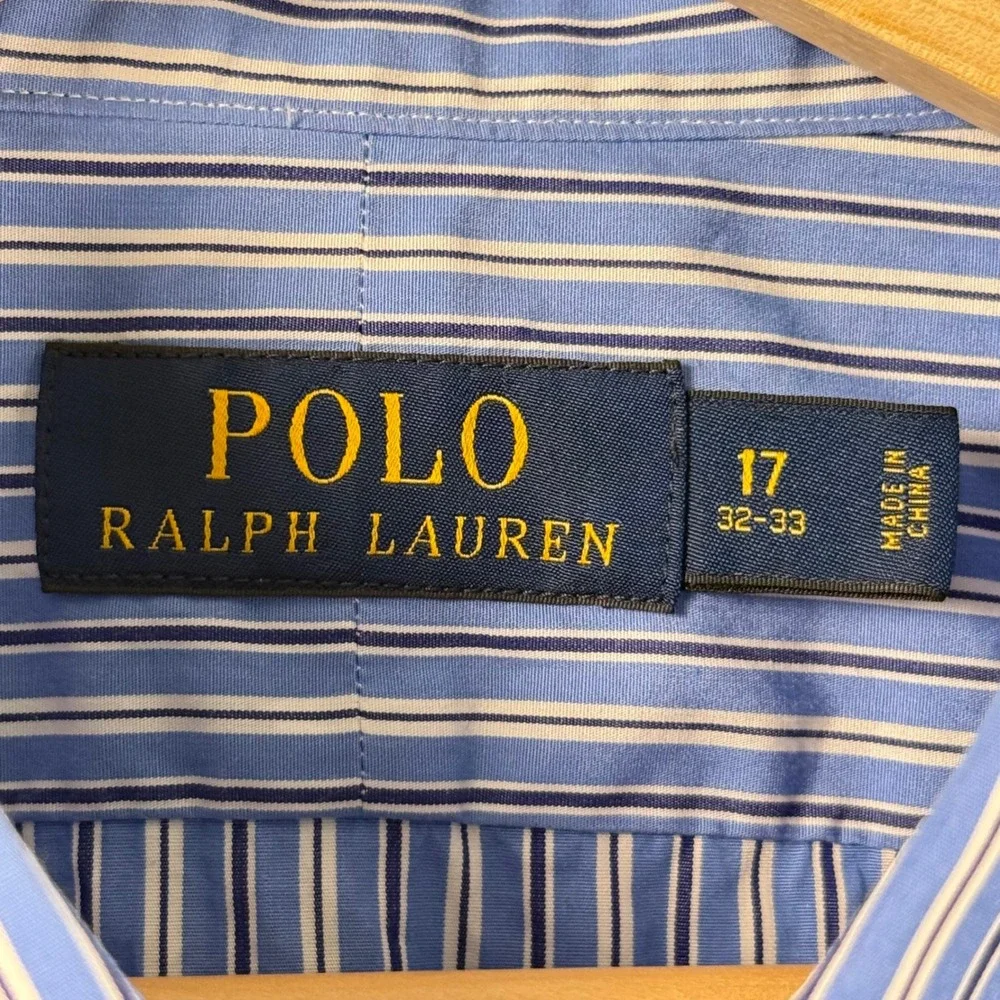 Polo Ralph Lauren Mens 17 32-33 Blue White Striped Cotton Button Down Shirt Pony